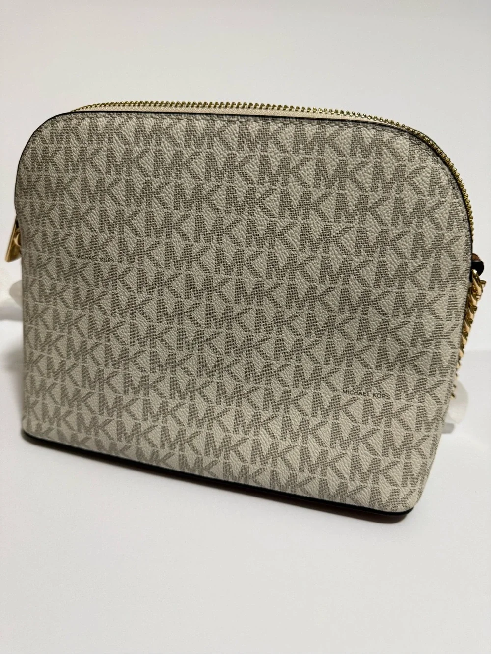 Michael Kors Beige Signature Dome Crossbody with Gold Hardware